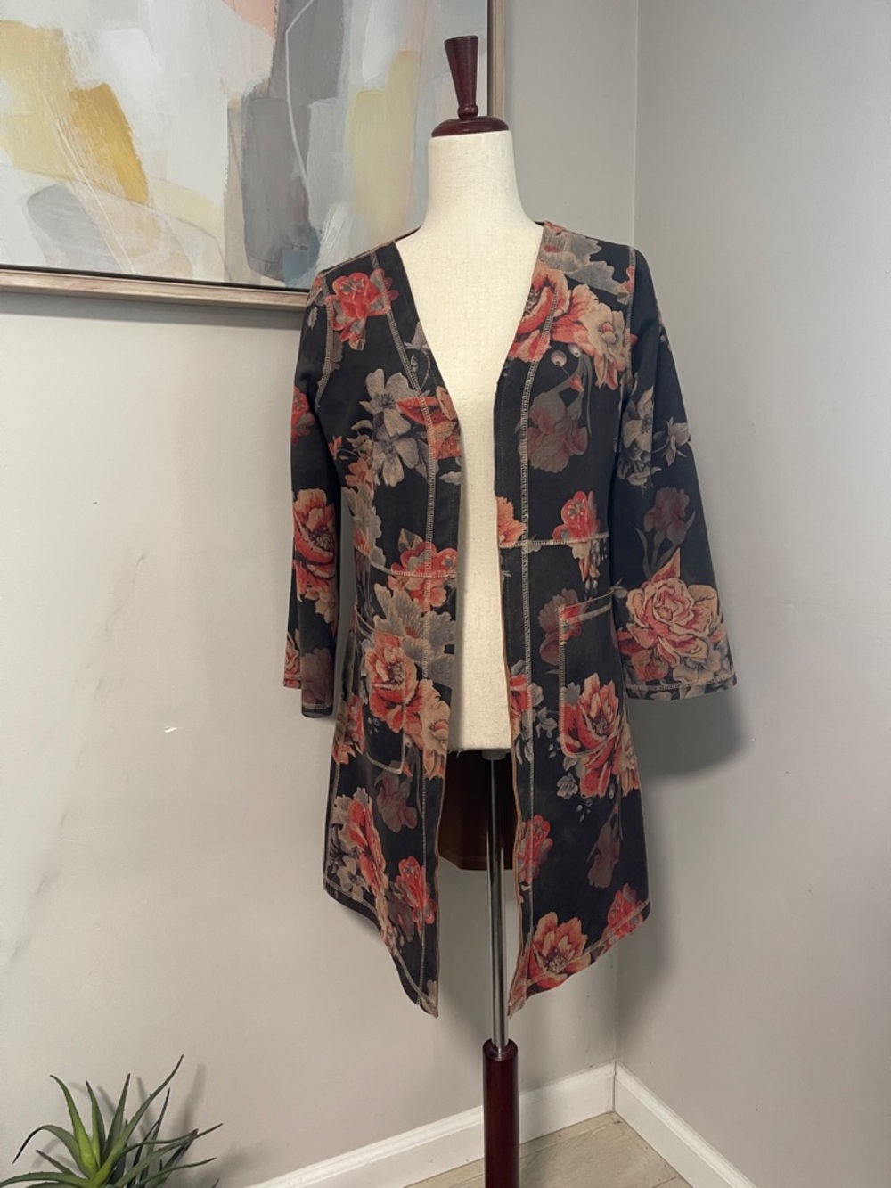 Womens Floral Open-Front Black and Coral Long Blazer Jacket